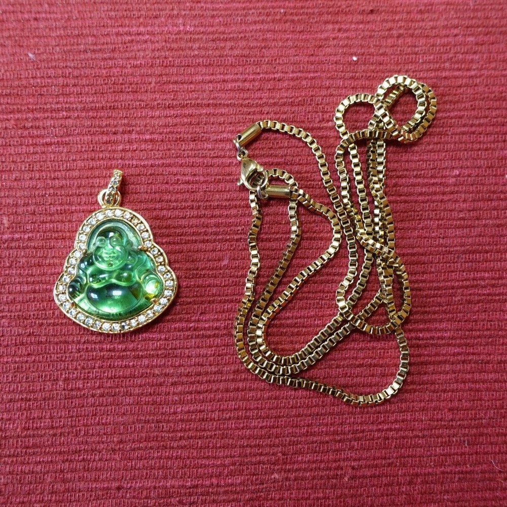 Designs by TSS Mens 14K Gold Plated Cz Green Jade Mini Buddha Pendant & Chain